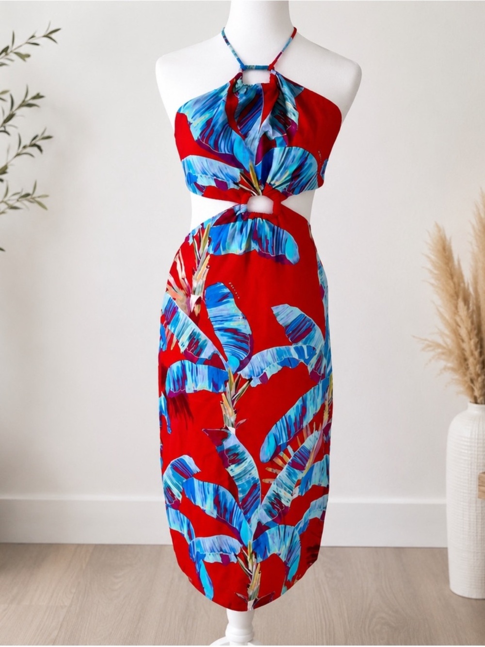 FARM Rio Sweet Jungle Cut Out Halter Midi Dress L Large Linen Blend - Picture 2 of 7